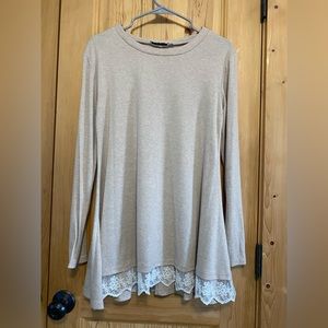 Cream Long Sleeve Shirt with White Lace Trim on front Small